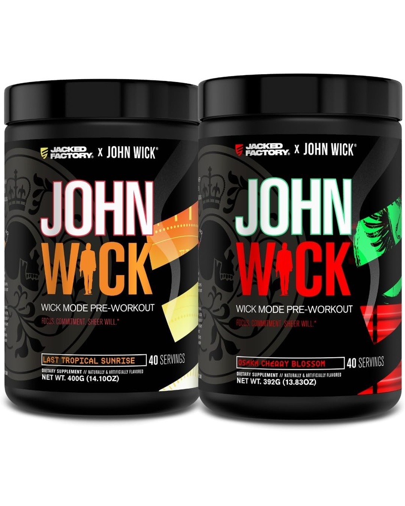 Jacked Factory X John Wick - Wick Mode Pre Workout Powder - Intense Energy, Battle-Ready Focus, Unstoppable Commitment, und Sheer Will - Letzte Tropical Sunrise & Osaka Cherry Blossom (80 Portionen)