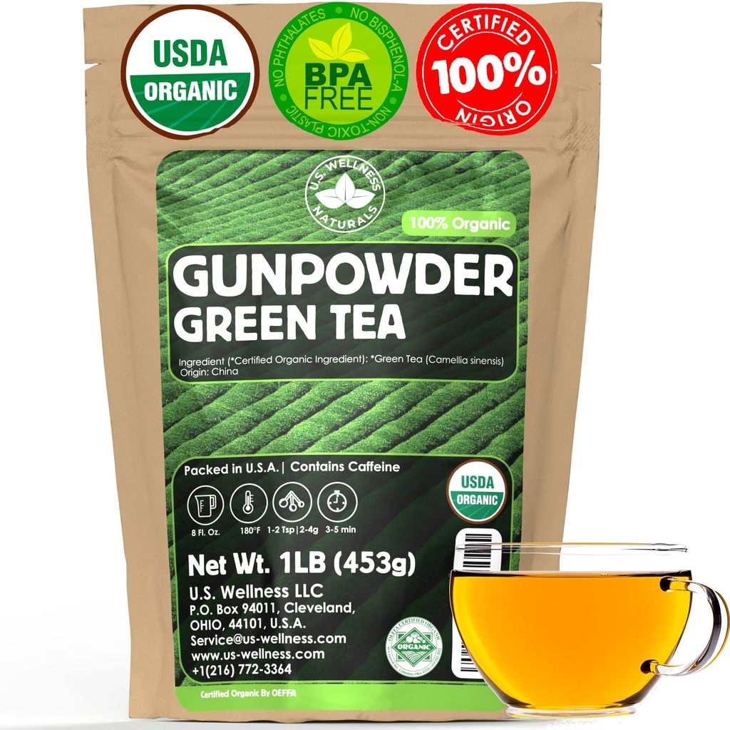 U.S. Wellness Naturals Organic Gunpowder Green Tea | Loose Leaf | Premium Qualität | 100% Certified Organic Green Tea |16oz/453g | 200+ Cups