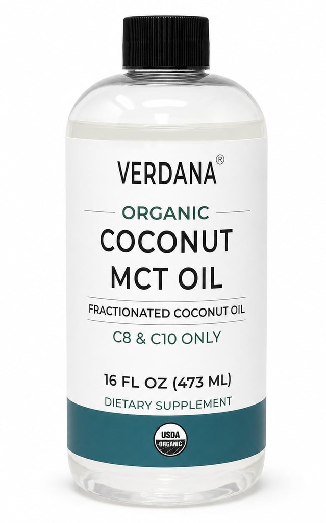Huile MCT biologique Verdana 16 oz – Nourriture de qualité USDA biologique pour café kéto, huile naturelle non aromatisée Tirage Mouthwash & Massage - dérivé de noix de coco, fractionné– chaîne moyenne C8 C10 – non-OGM, casher