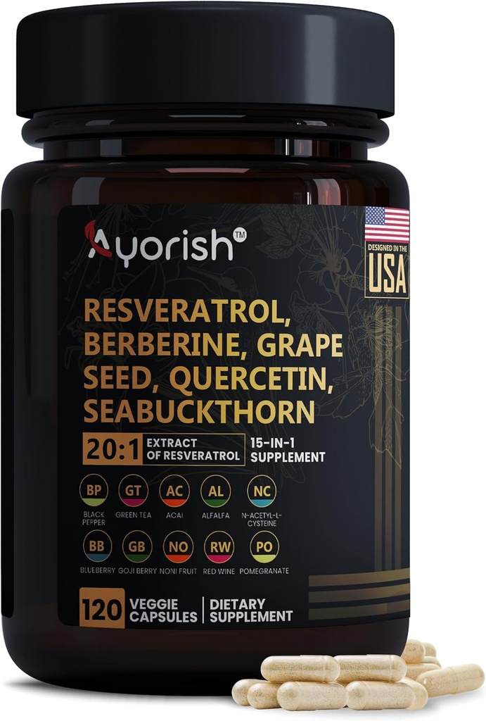 Resveratrol Ergänzung | Berberine Grape Seed Extrakt Quercetin Grüner Tee Extrakt Acai Noni Polyphenol Ergänzung für Frauen und Männer, N-Acetyl Cystein NAD Booster 120 Zähler