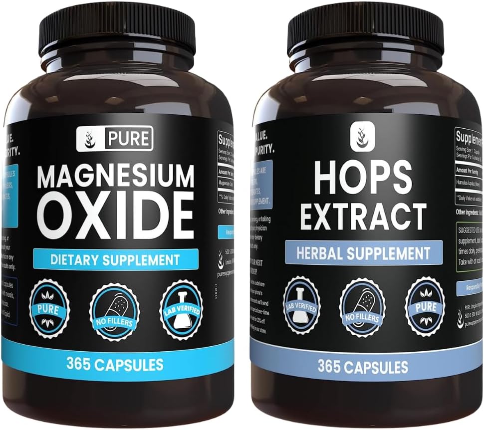 Pure Original Ingrédients Magnésium Oxyde et Houblon Extraire Bundle, 365 Capsules Chaque, Pas de remplissage, Toujours Pure