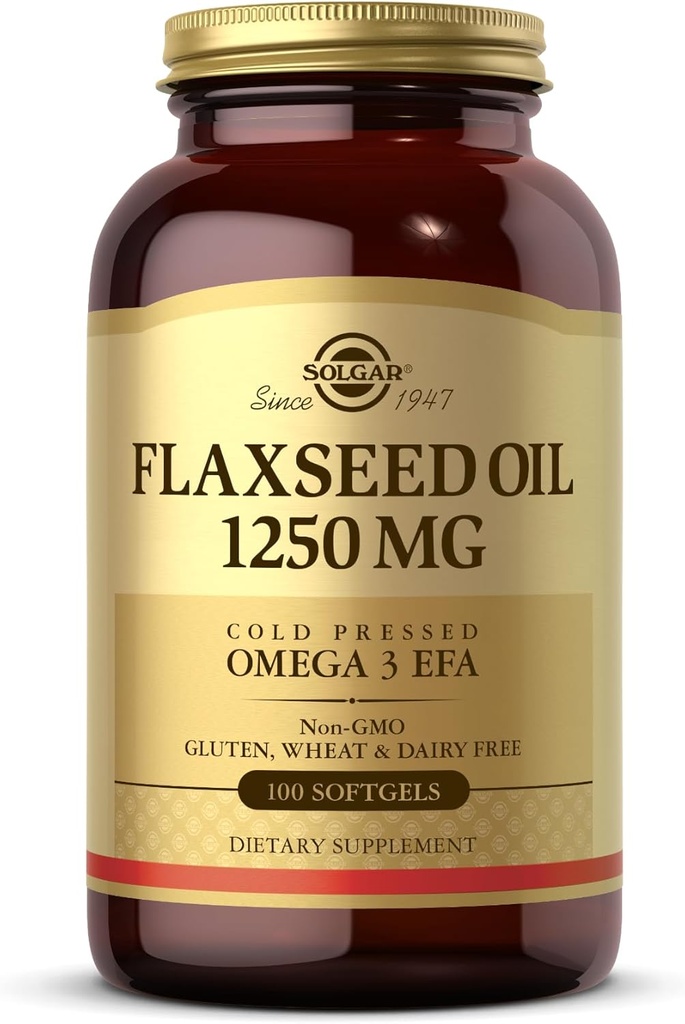 Solgar Flaxseed Oil 1250 mg, 100 Softgels - Organisch, kaltgepresst Omega 3 Essential Fatty Acids - Unterstützt Herz, Immun- und Hautgesundheit - Non-GMO, Glutenfrei, Dairy Free - 50 Portionen