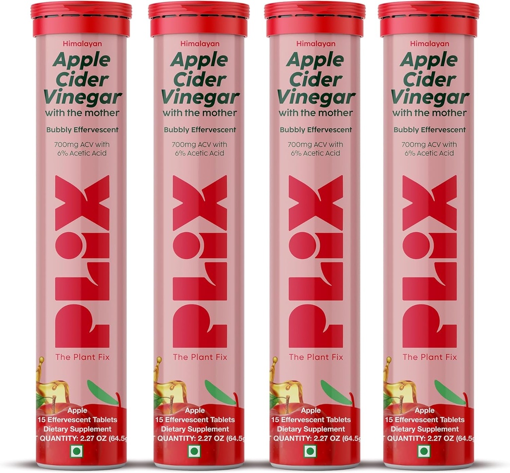 PLIX Apple Cider Effervescent Tablets mit der Mutter, 700mg ACV mit VIT B12, B6, Packung mit 4 | Vegan, Ohne Zusatz von Zucker, Non-GMO & Gluten-Free