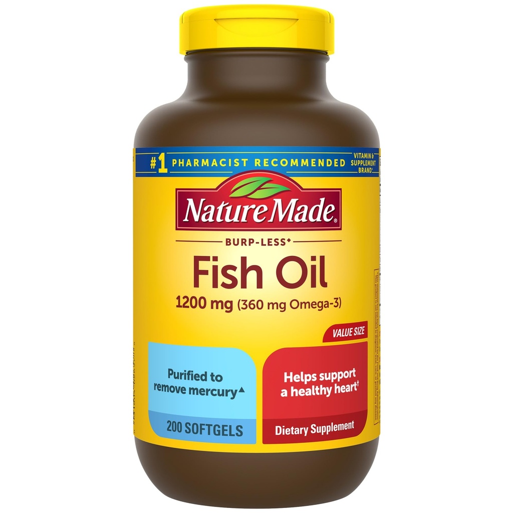 Nature faite Burp moins huile de poisson Omega 3 suppléments, 1200 mg Softgels, Omega 3 huile de poisson pour un soutien cardiaque sain, 200 Softgels, 100 jours d'approvisionnement