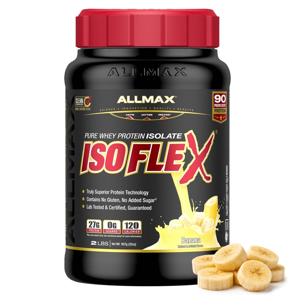 ALLMAX Nutrition ISOFLEX Whey Protein Isolate, Banana - 2 lb - 27 Gramm Protein Per Scoop - Zero Fat & Sugar - 99% Lactose Free - Gluten Free & Soy Free - Ungefähr 30 Portionen