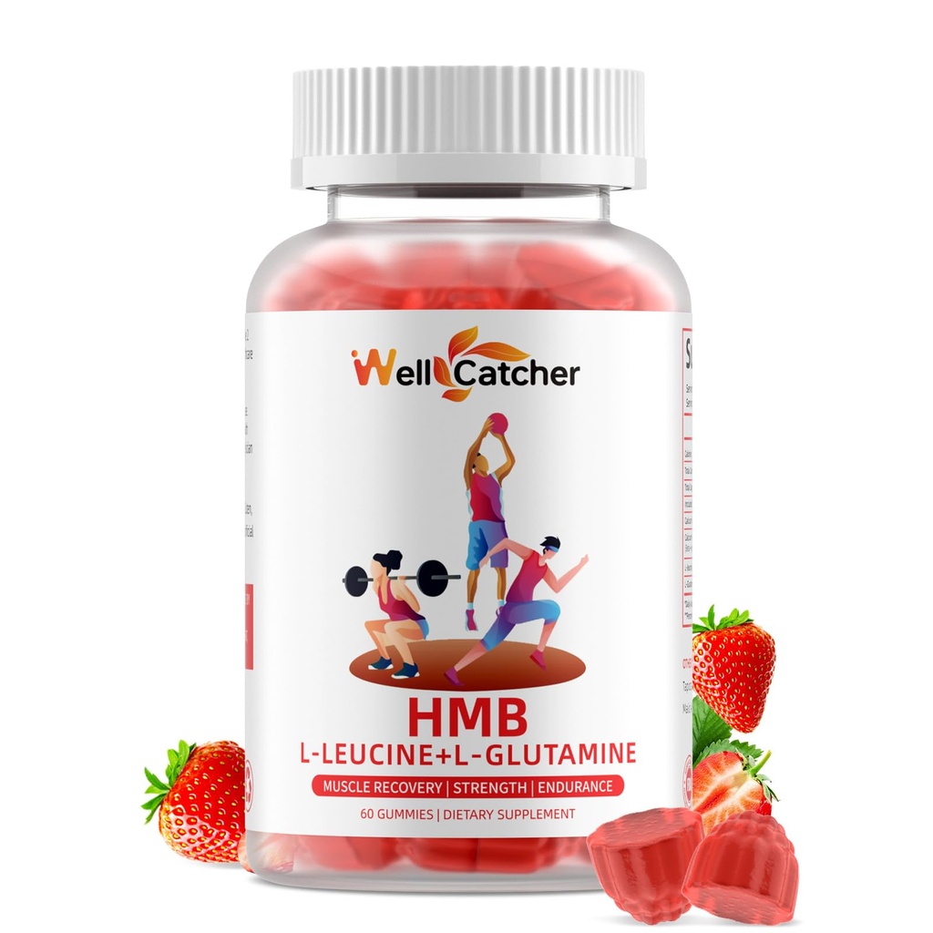 HMB und Leucine Aminosäure-Gummien: HMB Ergänzungen für Männer Frauen mit L-Glutamin für Muskelwachstum Schnelle Workout Erholung, Sugar Free Vegan Non-GMO Strawberry Flavored 30 Tage Versorgung