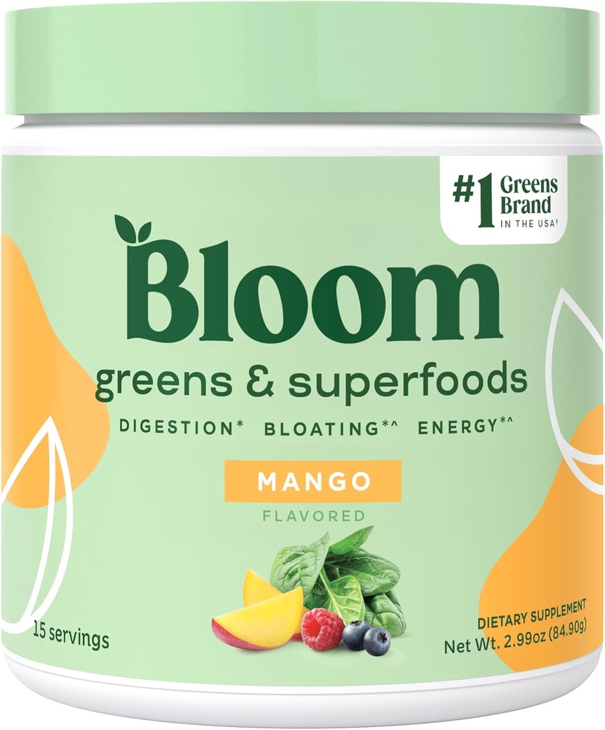 Bloom Nutrition Superfood Greens Poudre, enzymes digestives avec/probiotiques et prébiotiques, Gut Health, Bloating Relief pour les femmes, Chlorella, 15 SVG (15 portions (paquet de 1), Mangue)