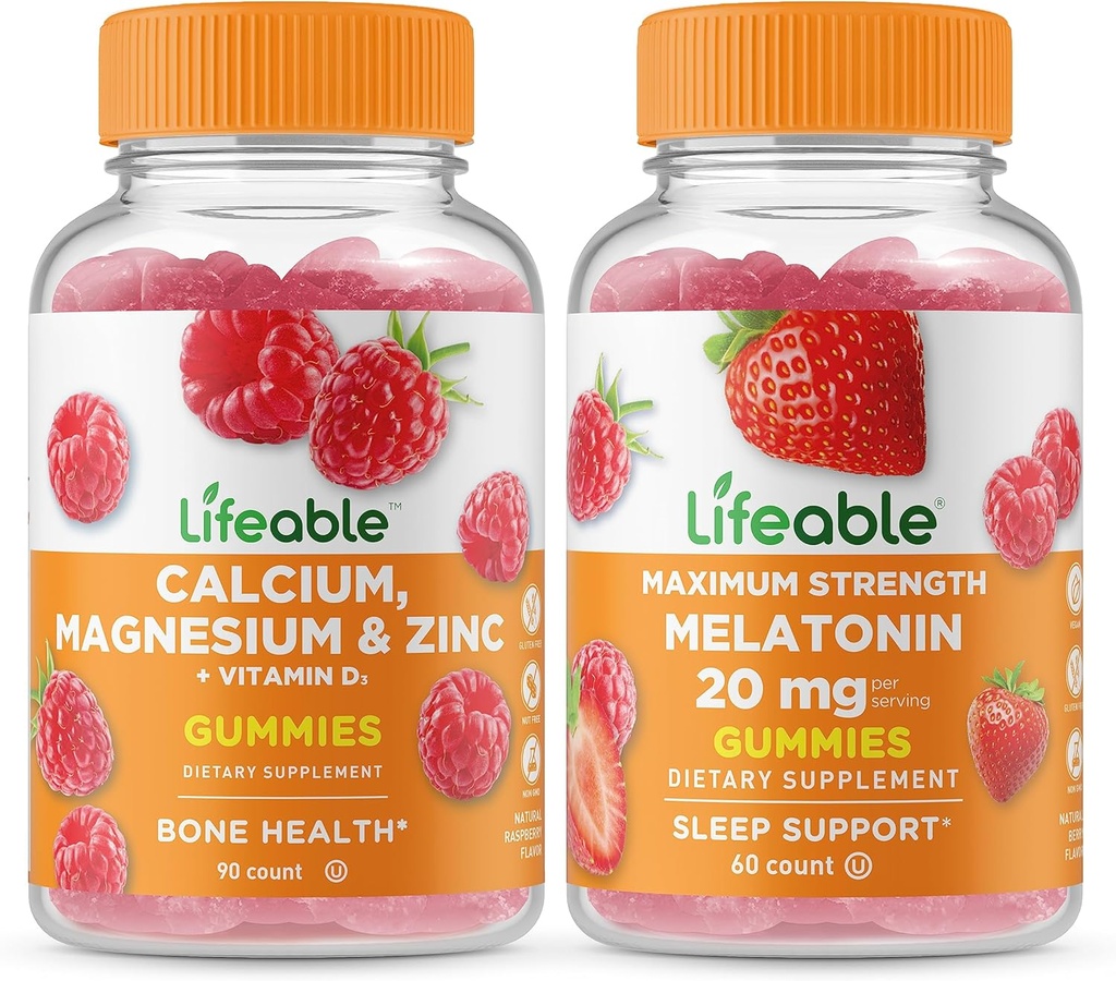 Lebensfähiges Kalzium, Magnesium, Zink & Vitamin D + Melatonin 20mg, Gummis Bundle - Große Verkostung, Vitamin-Ergänzung, Glutenfrei, GMO frei, Kaugummi