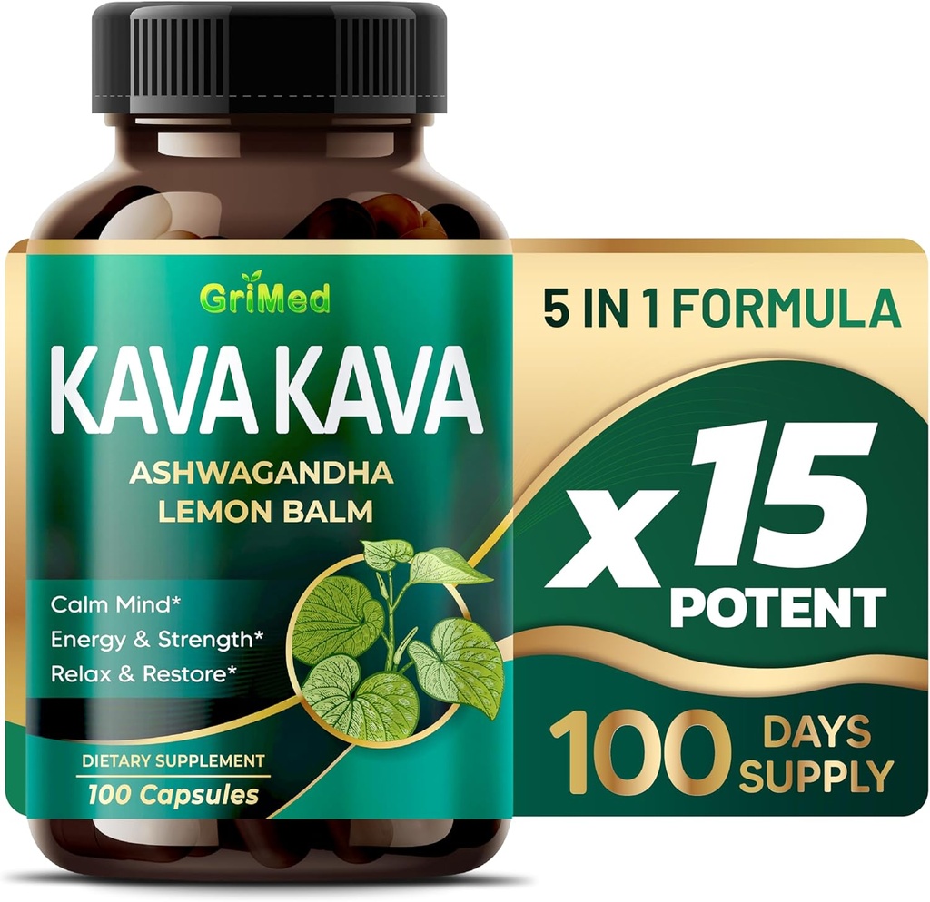 GriMed Kava Kava 19,700mg - X 15 Power mit Ashwagandha Lemon Balm - Stärke, Relax, Restore, Calm - Made in USA (100 Count (Pack of 1))
