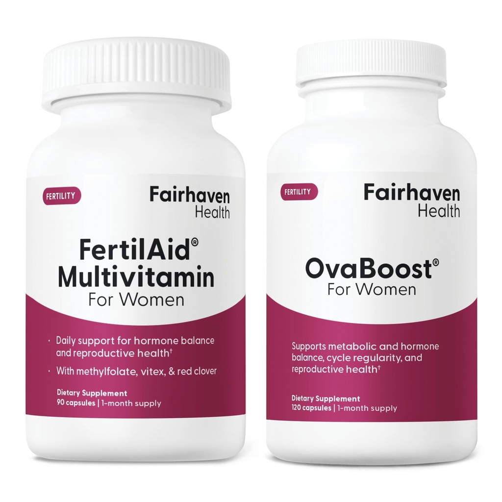 FertilAid pour femmes et ovaboost Combo, supplément de fertilité féminine et vitamine de fertilité naturelle avec Myo-Inositol, Vitex et vitamines pour soutenir l'ovulation, la régularité du cycle et la qualité des oeufs, 1 mois d'approvisionnement