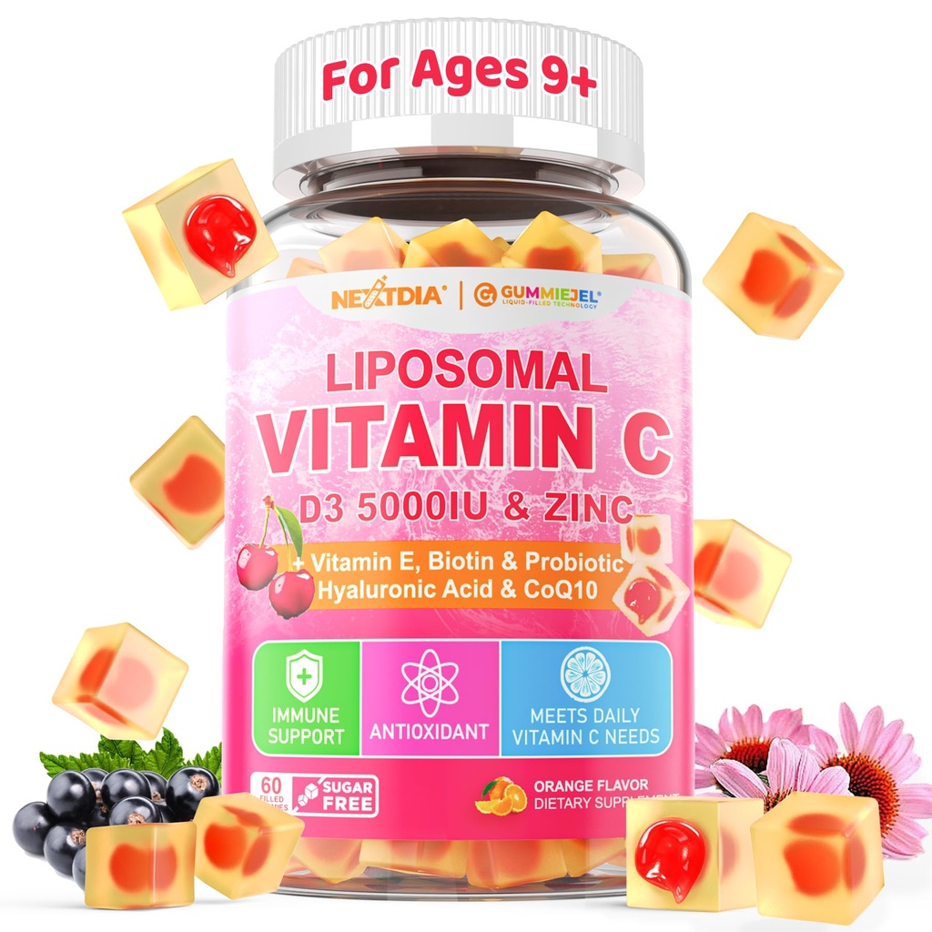 Liposomale Vitamin C 1000mg + D3 5000IU + Zink gefüllte Gummi, Folate 800mcg Kaubare Ergänzung, Elderbeere für Immun, Hyaluronsäure, VE, für Schönheit, Energie & Gesamtgesundheit, Zuckerfrei, Natürlich