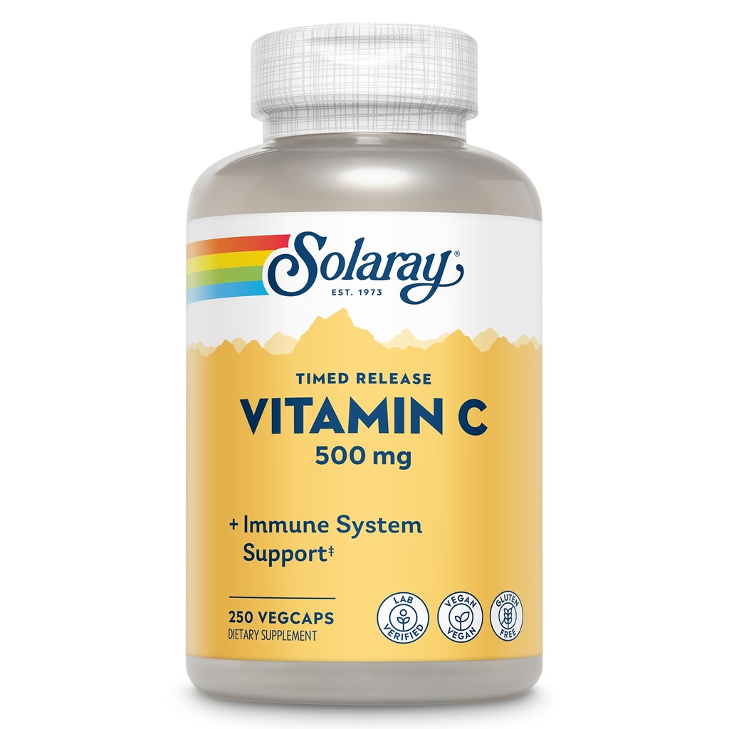 SOLARAY Vitamin C 500mg, Zweistufige Veröffentlichung - Antioxidans und Immununterstützungsergänzung - Vitamin C mit Rose HIPS und Acerola, Vegan, Glutenfrei, 60-Tage Garantie, 250 Servietten, 250 VegCaps