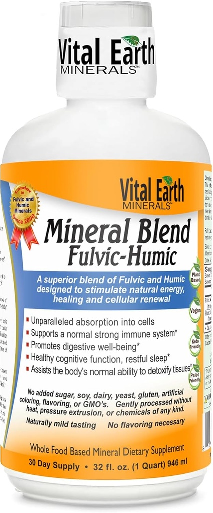 Vital Earth Minerals Fulvic Humic Mineral Blend Liquid – Fulvic Acid Supplement mit 70+ Trace Minerals, Elektrolyte für Erholung, Balance & Energy, 32 Oz + 1 Oz Cup