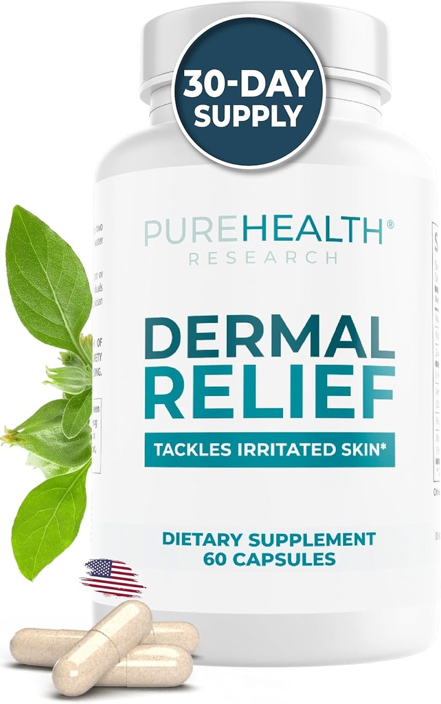PUREHEALTH FORSEARCH Dermal Relief Supplements - für unruhige Haut, Eczema und Dermatitis mit L-Histidin, Ashwagandha Wurzelextrakt, Rhodiola Crenulata, Vitamin D und E - 1 Flasche - 60 Kapseln