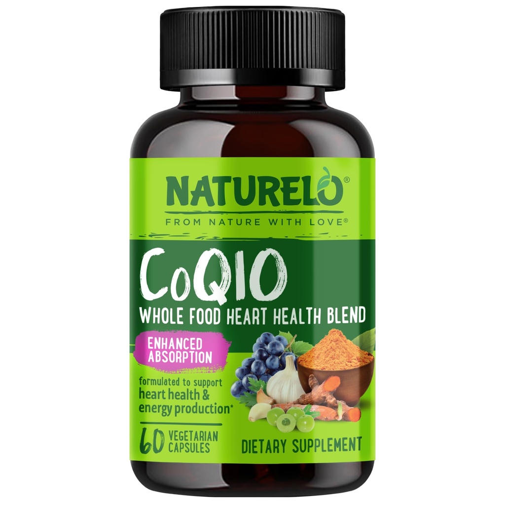 NATURELO Ganzes Nahrungsergänzungsmittel CoQ10, 60 Veg Kapseln, Herzgesundheitsmischung, Leistungsstarkes Antioxidans, CoQ10 100mg für Energieproduktion