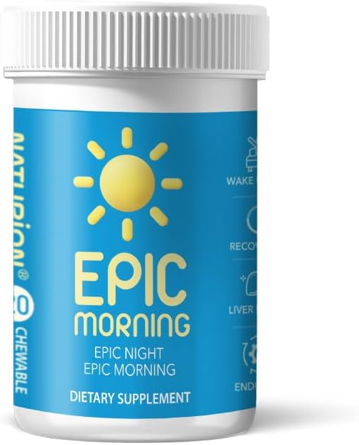Matin épique - Détox hépatique et supplément de réparation avec DHM, chardon de lait, vitamine C, B1, B2 et grenade - grenade naturelle et parfum de pêche - 20 comprimés à croquer pour le soutien du foie et la récupération du matin
