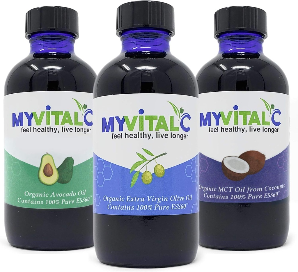 MyVitalC Combo of Organic Extra Virgin Olivenöl, MCT & Avocado Öl - ESS60 Antioxidante Ergänzung - für Anti-Aging, Langlebigkeit, Schlaf, Energie - Paket von 3