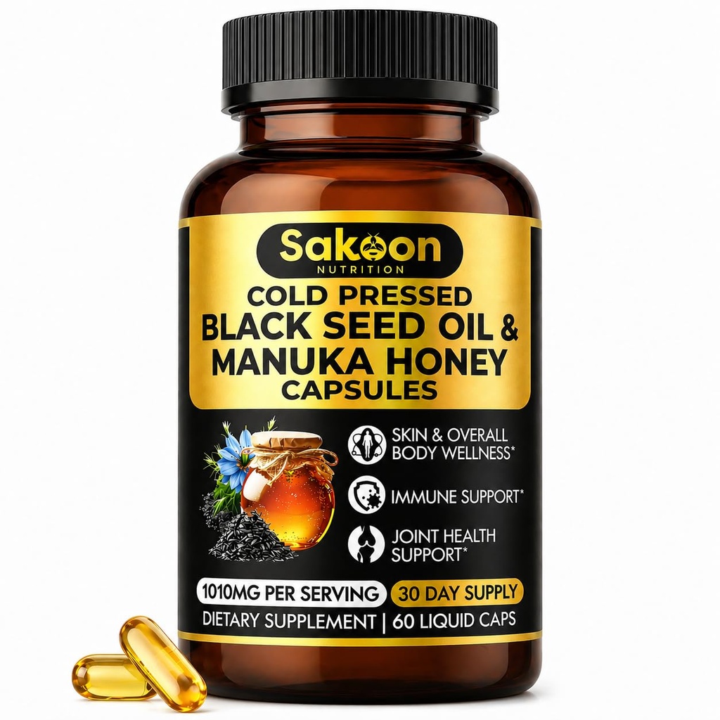 Schwarzes Seed Öl Kapseln - Mit Neuseeland Manuka Honig, kalt gepresstes türkisches Nigella Sativa Öl, 2% Thymochinon, Immun- und Verdauungsunterstützung, Made in USA, 60 Count, 1010mg pro Portion