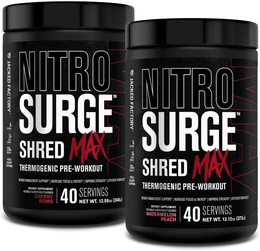 Jacked Factory Nitrosurge Shred Max Preworkout - High-Performance Thermogenic Pre Workout Pulver mit L Citrulline, Acetyl L Carnitin, Organische Koffein - 80 Servierungen, Kirschen Bombe & Wassermelone Peach