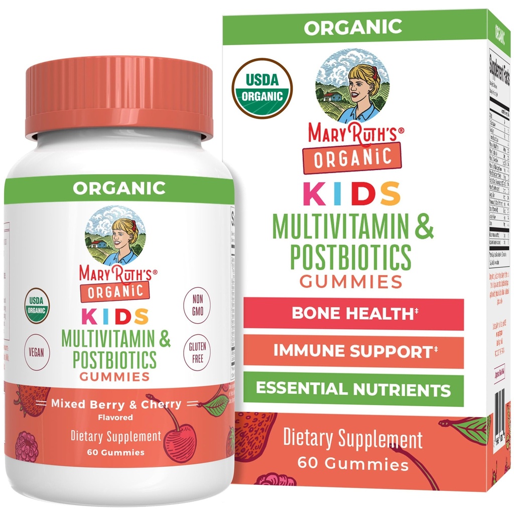 MaryRuth Organics Kids Vitamins | USDA Organic | Multivitamin Gummis + Postbiotics for Ages 4+ | Lactobacillus Rhamnosus | Vegan | Non-GMO | 60 Count