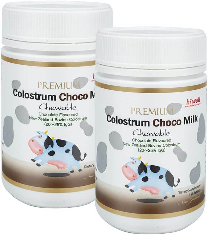 (Pack von 2) Hi Well Premium Grass-Fed Colostrum Choco Milk 150 Tabletten Neuseeland Bovine Colostrum