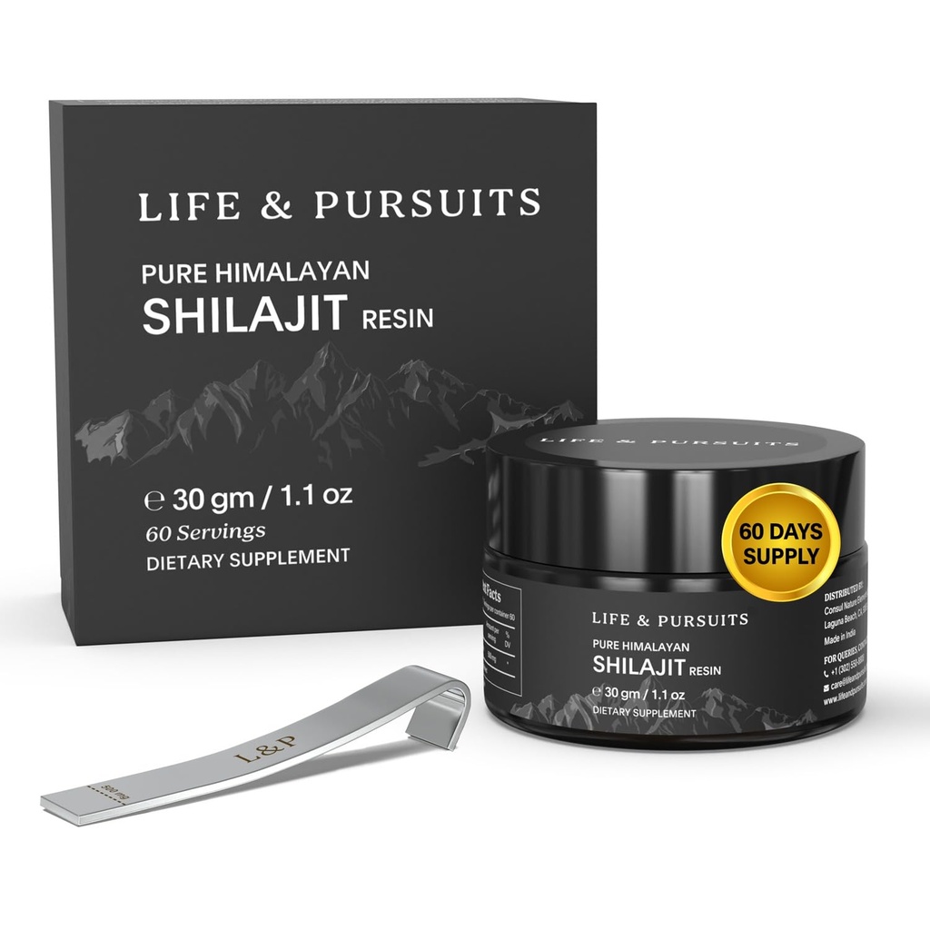 Life & Pursuits 100% Pure Real India Himalayan Shilajit Resin, 1.1 oz 500mg, Minimum 75% Fulvic Acid, 85+ Trace Minerals, Nahrungsergänzung für Herren 3rd Party Lab Test Report, 60 Portionen (Pack von 1)