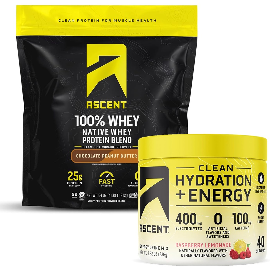 Ascence 100% poudre de protéines de lactosérum, beurre d'arachide au chocolat 4 lb & hydratation + électrolytes énergétiques, citronnade à framboises 40 portions