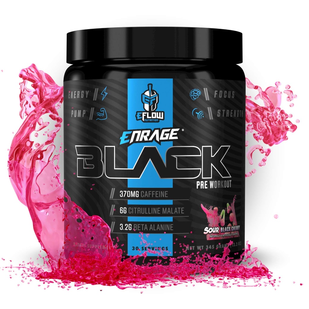 eFlow Nutrition Enrage Black High Stimulant Pre Workout Supplement - Preworkout Powder to Boost Energy, Pumps and Strength - 4 Flavors (30 Servierungen) (Sour Black Cherry)