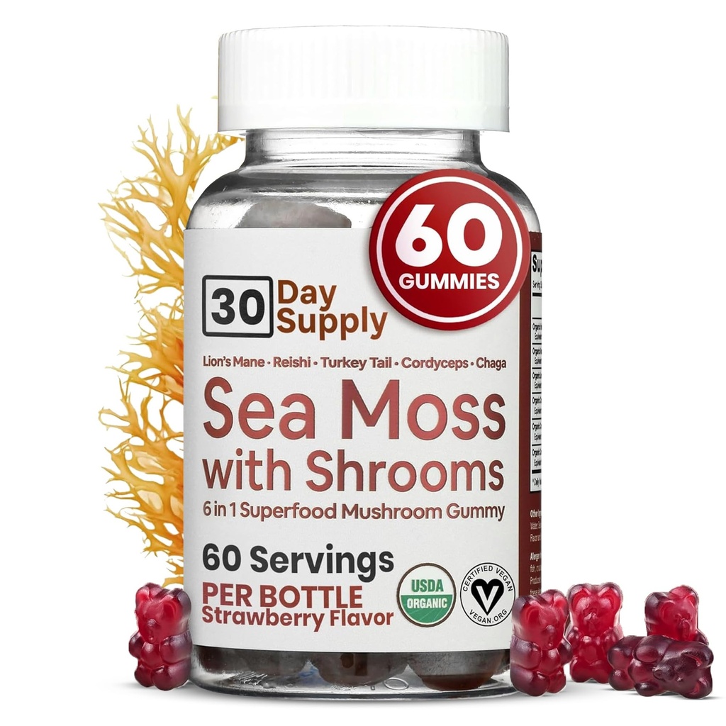 Sea Moss Gummis mit Lions Mane Mushroom - Sea Moss Gel Alternative mit Irish Moss, Reishi, Cordyceps, Chaga & Turkey Tail Supplement - Fokus Gummy Ohne Kaffee- 60 ct