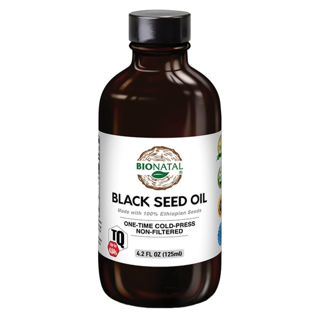 BioNatal äthiopischer Schwarzer Seedöl 4.2oz Glas– Kalt gepresste Nigella Sativa Producing Black Cumin Seed Oil, Unrefined & Non-Filtered, High TQ bis 4.64% – Unterstützt Immunsystem, Verdauung & Gelenke