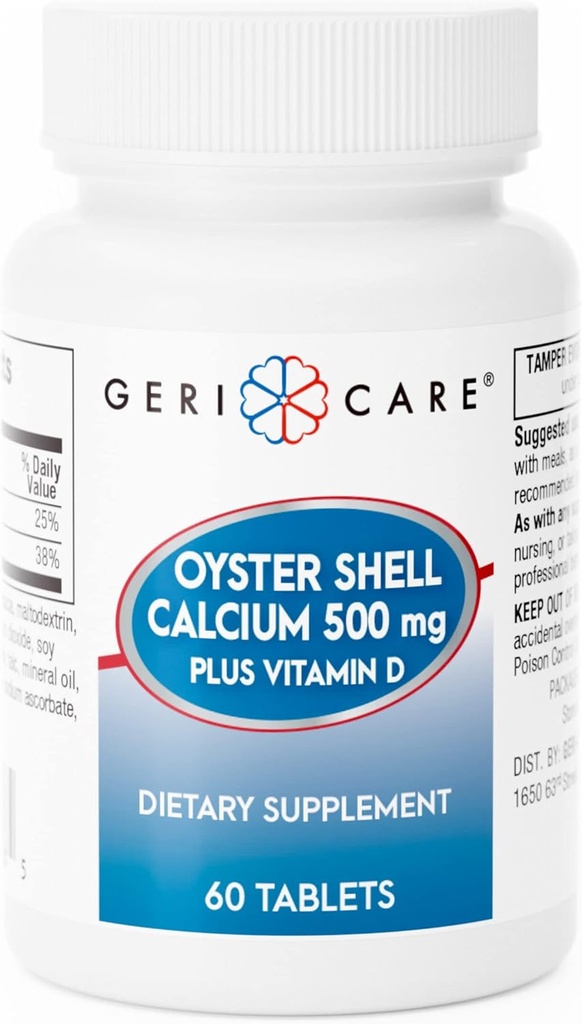 GeriCare Oyster Shell Calcium 500mg + Vitamin D, Knochengesundheit, Nahrungsergänzungstabletten, 60 Graf (Pack von 1)