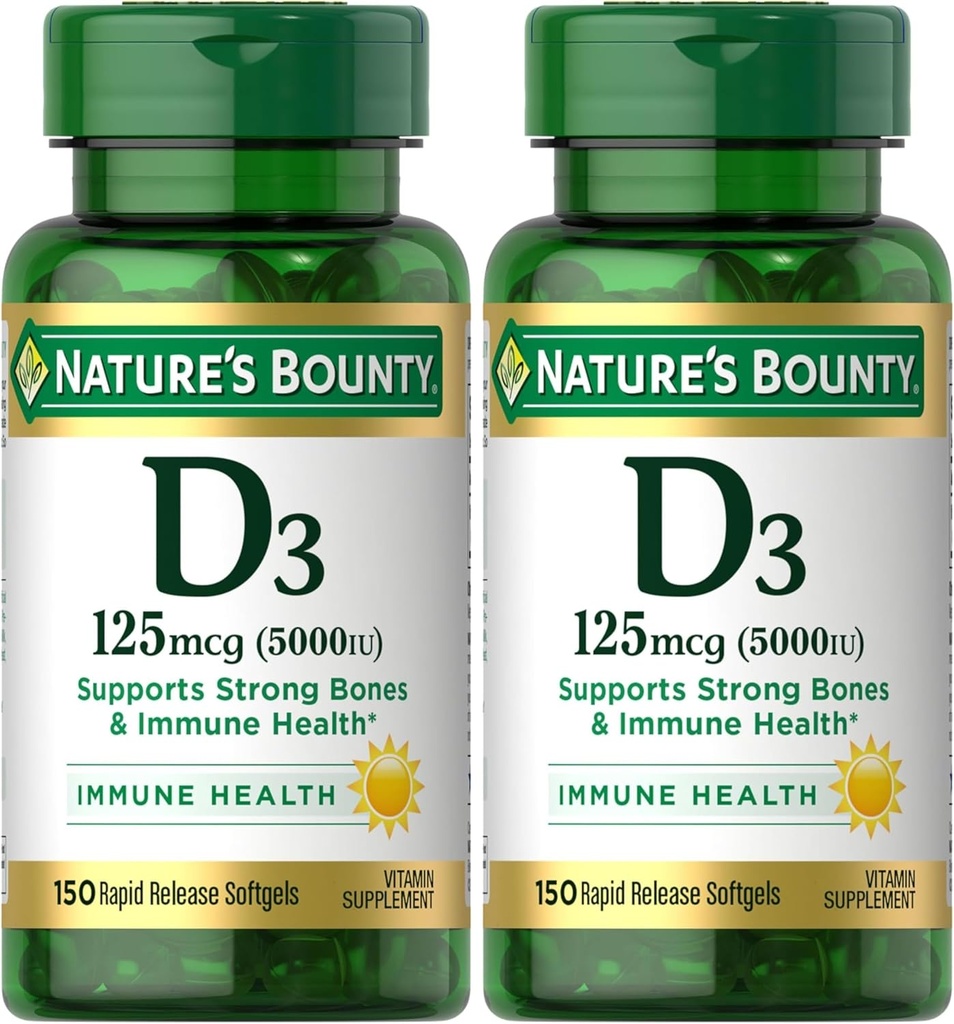 Nature's Bounty Vitamin D3, Immun- und Knochenunterstützung, 5000IU, Rapid Release Softgels, 150 Ct (Pack von 2)