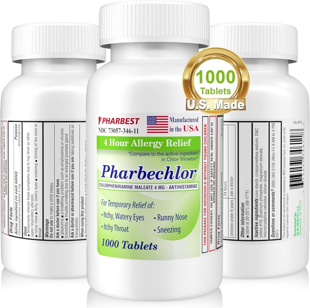Ulai 4 Hour Allergy Relief 1000 Ct [Made in USA] | Itchy, Watery Eyes, Runny Nose, Sneezing, Sinus Relief | Chlorpheniramin Maleate 4 mg | Antihistamin Allergy Medicine Pharbechlor (1 Flasche)