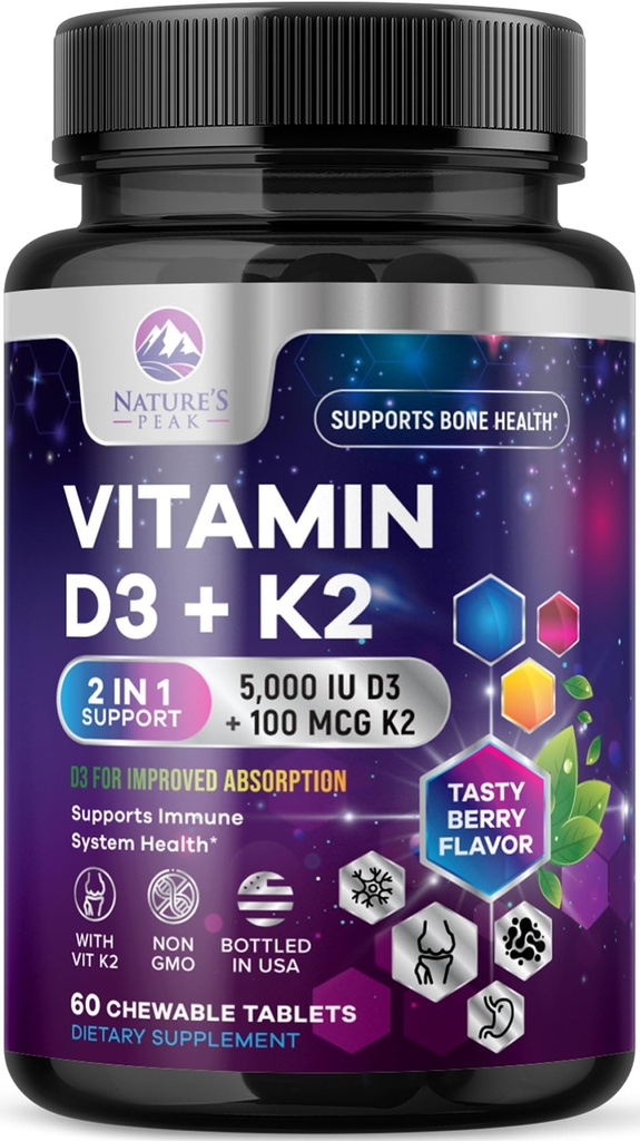 Vitamin D3 K2 - 5000 iu Vitamin D3 & 100 mcg Vitamin K2 (MK-7) Komplex für Immununterstützung - Knochen, Zähne & Muskel-Gesundheitsunterstützung - Berry Chewable, Gluten Free, Non-GMO, Bottled in USA - 60 Tabletten