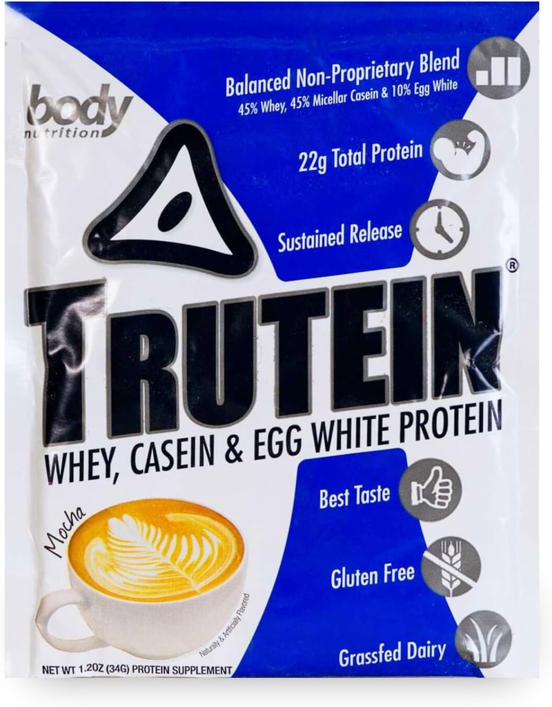 Body Nutrition Trutein High Protein Powder: 45% Whey, 45% Casein, 10% Eiweiß, Glutenfrei, Low Sodium, Gras Fed Whey Protein Powder, Gym Supplement & Breakfast Shake, Mocha, 34g Probe