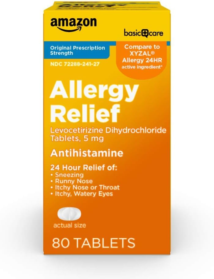 Basic Care 24 Hour Allergy Relief, Levocetirizin Dihydrochlorid Tabletten, 5 mg Antihistamin für Niesen, Runny Nose, Itchy Nose oder Throat und Itchy, Watery Eyes, 80 Count Pack