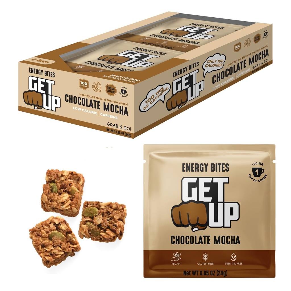 GetUp – Koffeinierte Granola-Bites - Schokolade Mocha (10 Pack) – 100mg Koffein Energie-Bits – Niedrige Kalorien, Gluten-frei, 0 Samen Öle – Vor-Workout Portable Snack – Kaffee-Substitute - Niedrige Zuckerenergie