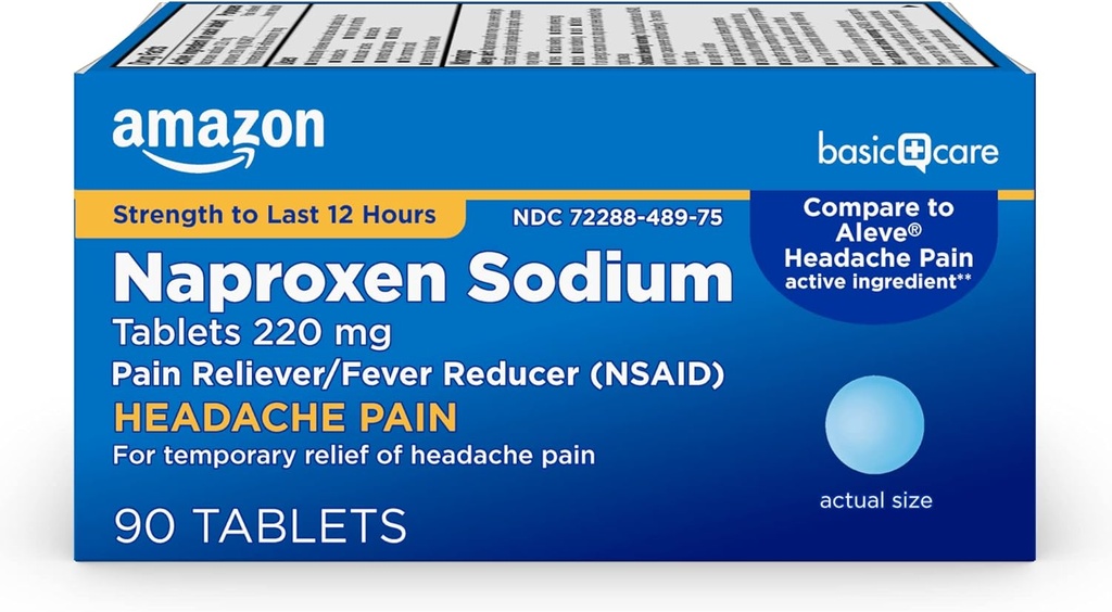 Basic Care Kopfschmerzen Schmerzlinderung Naproxen Natrium Tablets 220 mg, Relieves Arthritis, Muskeln, Rückenschmerzen, Menstruationskrampen und Toothache, 90 Count