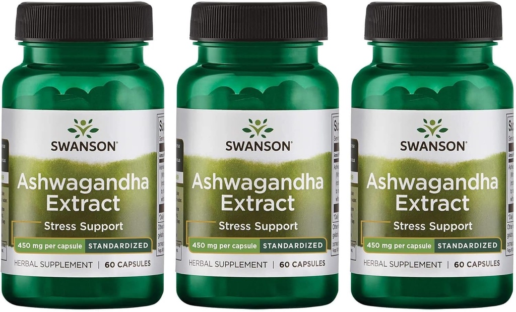 Swanson Ashwagandha Extract-Natural Supplement Förderung einer gesunden Stressreaktion, Energieunterstützung & Nervous System Health-Ayurvedic Supplement für natürliches Wellness-(60 Kapseln, 450mg Jeder) (3 Packung)