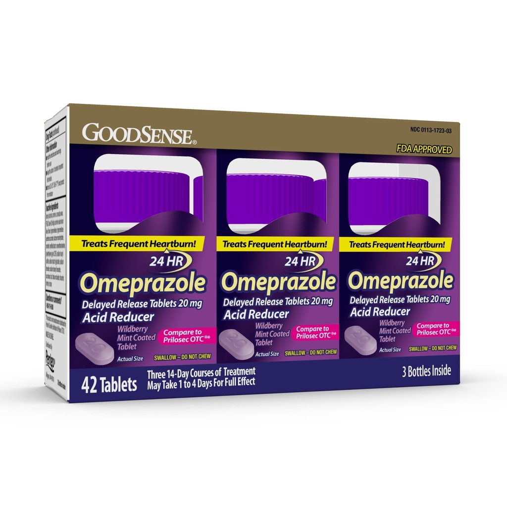 GoodSense Omeprazol, im Vergleich zu Prilosec, Delayed Release Tablets 20 mg, Säure Reducer, Wildberry Mint Coated Tablet, 42 Count