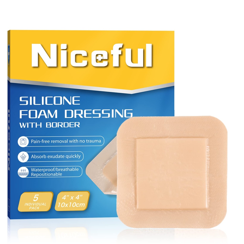 Silikonschaum Dressing 4"x4", Wasserdichte Silikon-Bandagen mit Bordkleber, High Absorbency Bed Sore Bandages Wound Care Dressing (2.5"X2.5" Pad), 5 Packs, FSA HSA Eligible