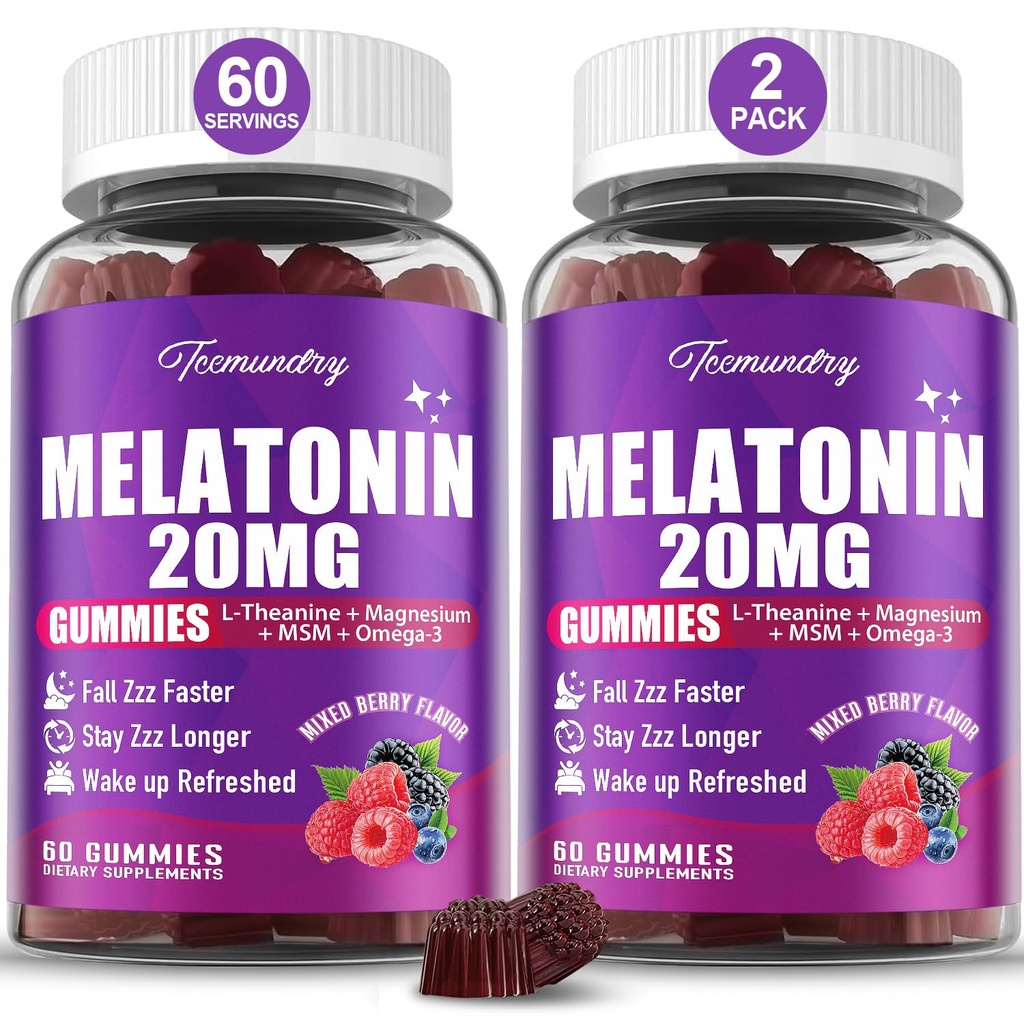 Mélatonine Gommies 20mg pour les adultes - Fort maximum Mélatonine Gommies avec L-Theanine, Magnésium, Omega-3, MSM, D3 & Zinc - Non-Habit Former, Vegan, Non-OGM, Natural Mixed Berry Flavor