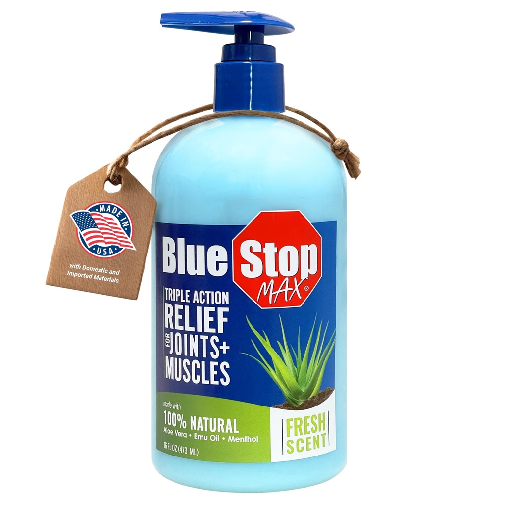 Blue Stop Max Gel de massage pour les douleurs du corps, bouteille de pompe de 16 oz; 3 en 1 produit soulage les douleurs du corps, soutient les articulations et la peau nourissante