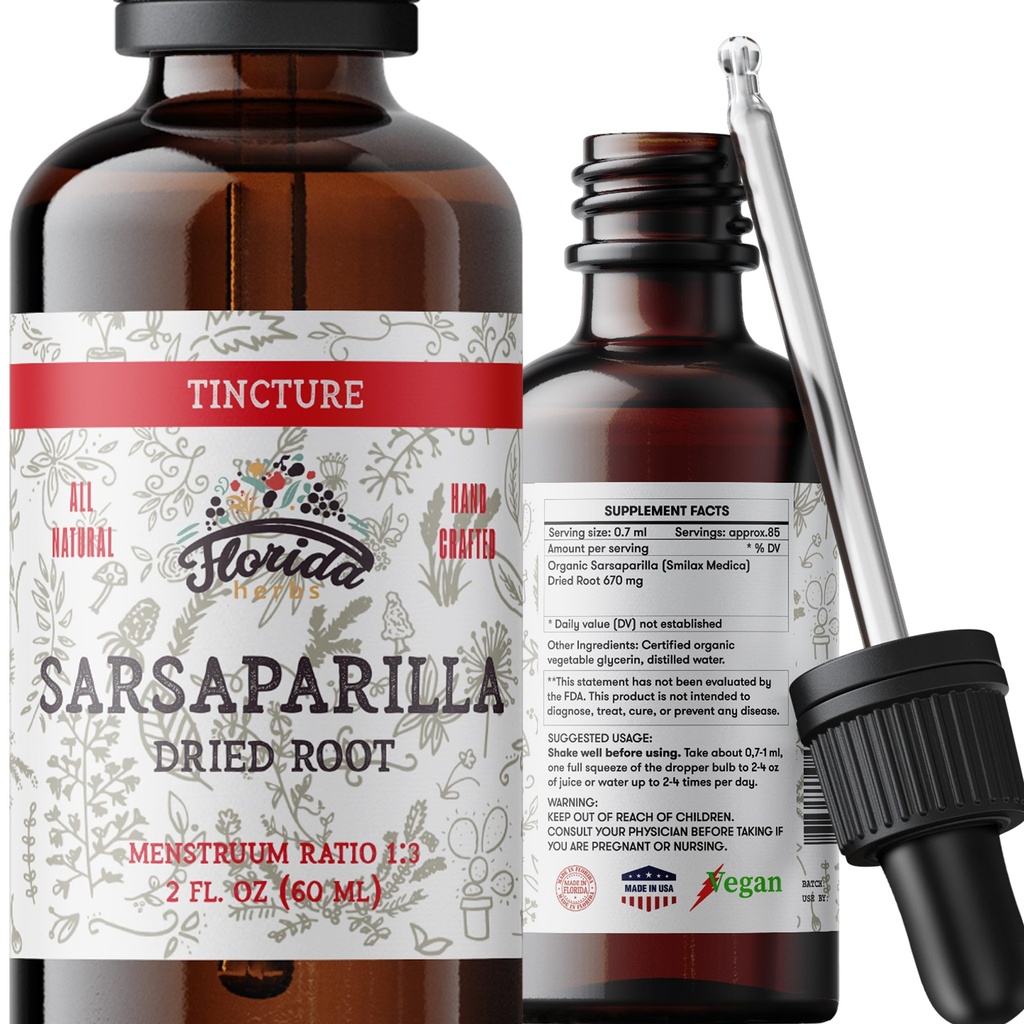 Sarsaparilla Tincture, Organic Sarsaparilla Extract (Smilax Medica) Getrocknete Wurzel, Non-GMO in Kaltgepresstem Organisch Gemüse Glycerin 2 Unze, 670 mg