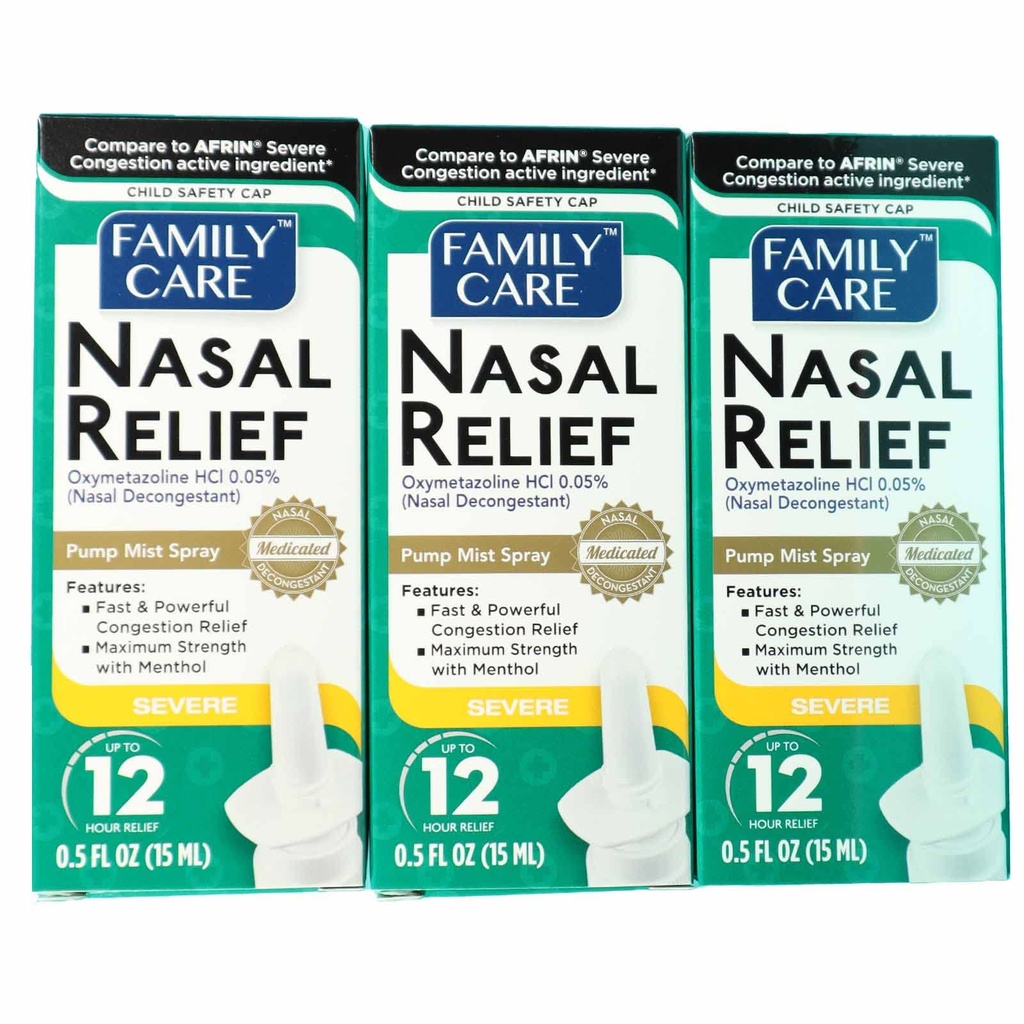FamilyCare Nasal Relief Spray, Pump Mist, Anti-Drip, Severe Congestion, (Oxymetazolin HCI) 12 Hours, 3 Pack