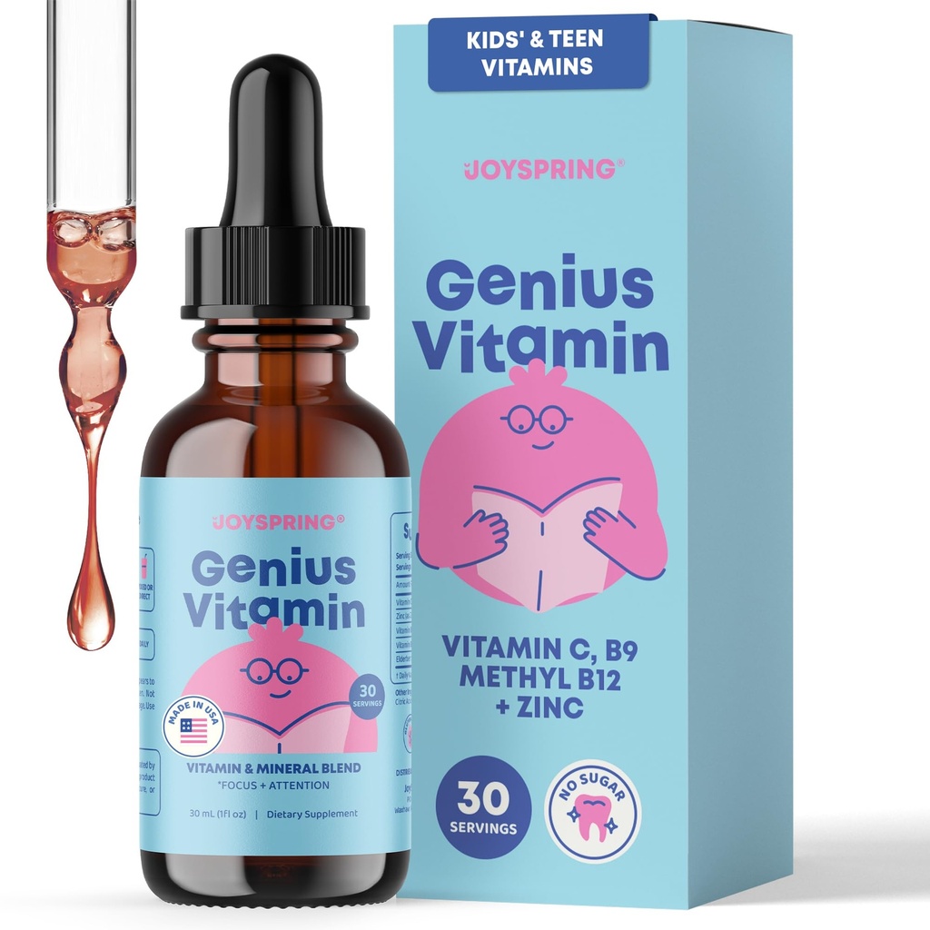 JoySpring Kids B Complex | Vitamin B Complex Flüssigkeitstropfen mit Elderberry, Zink & Vitamin C | Unterstützung für allgemeine Wellness (1 fl oz) 30 Servietten