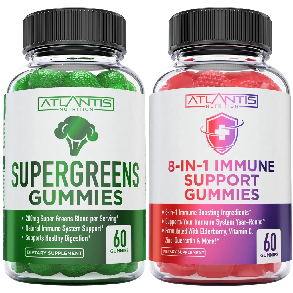 Atlantis Nutrition 60 Supergreens Gummies + 8-en-1 Immune Support 60 Gummies