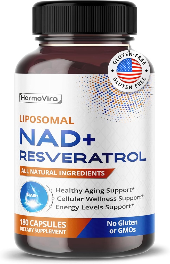 Liposomique NAD+ 600mg avec Resveratrol 200mg pour l'énergie cellulaire et le vieillissement en santé – 180 Capsules – Vegan, Non-OGM, USA Made