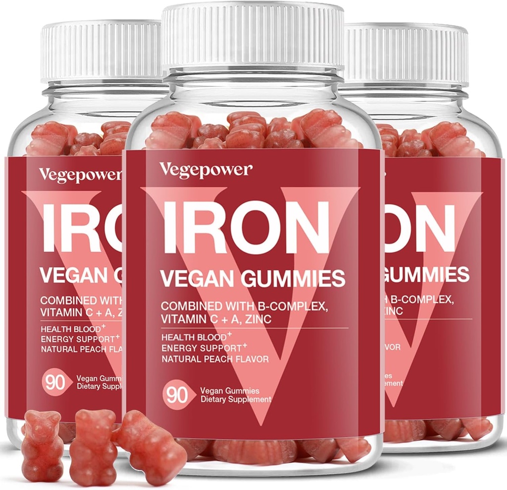 Eisen-Gummi-Ergänzungen für Frauen & Kinder - Multivitamin mit Eisen für Blut-Sauerstoff, Great Tasting Gummy Vitamins mit Vitamin C für Max Absorption - Vegan Kaubar, Peach Flavor(3 Packungen)