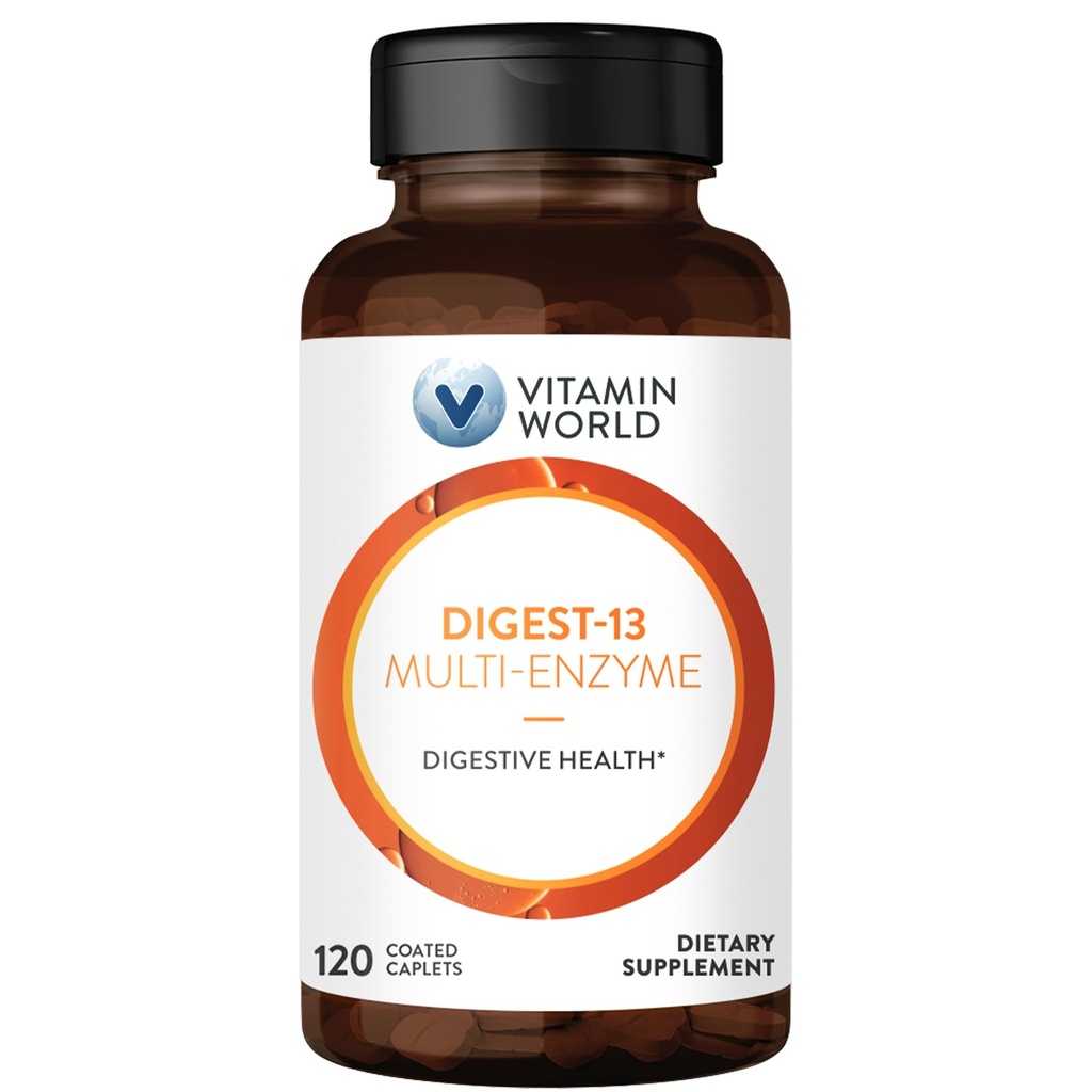 Vitamin World Digest-13 Multi-Enzyme, 1010mg Verdauungsenzyme Mischung mit Amylase, Bromelain, Papain & Lipase für Verdauung und Absorption, Verdauungsenzyme für Bloating & Gas, 120 Caplets